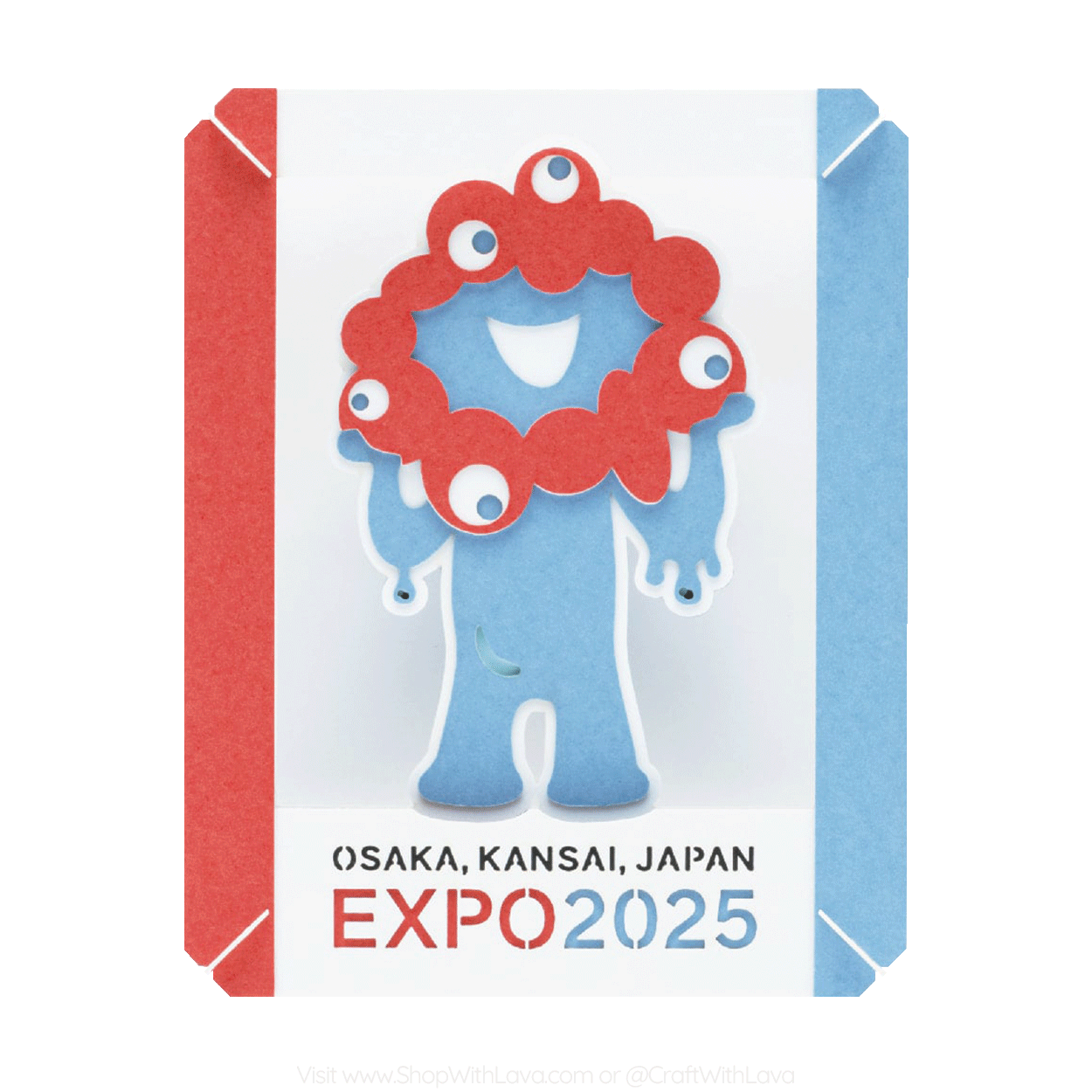 Small paper craft kit called paper theater with a cartoon character, an ambassador for Expo 2025. It has a red head, blue body. And Osaka, Kansai, Japan Expo 2025 text.