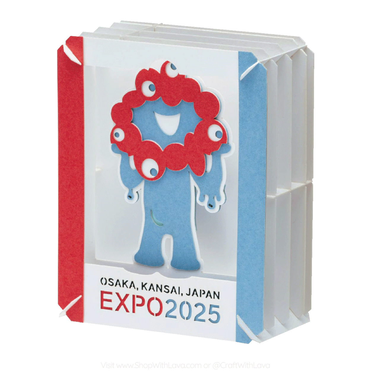 Small paper craft kit called paper theater with a cartoon character, an ambassador for Expo 2025. It has a red head, blue body. And Osaka, Kansai, Japan Expo 2025 text.