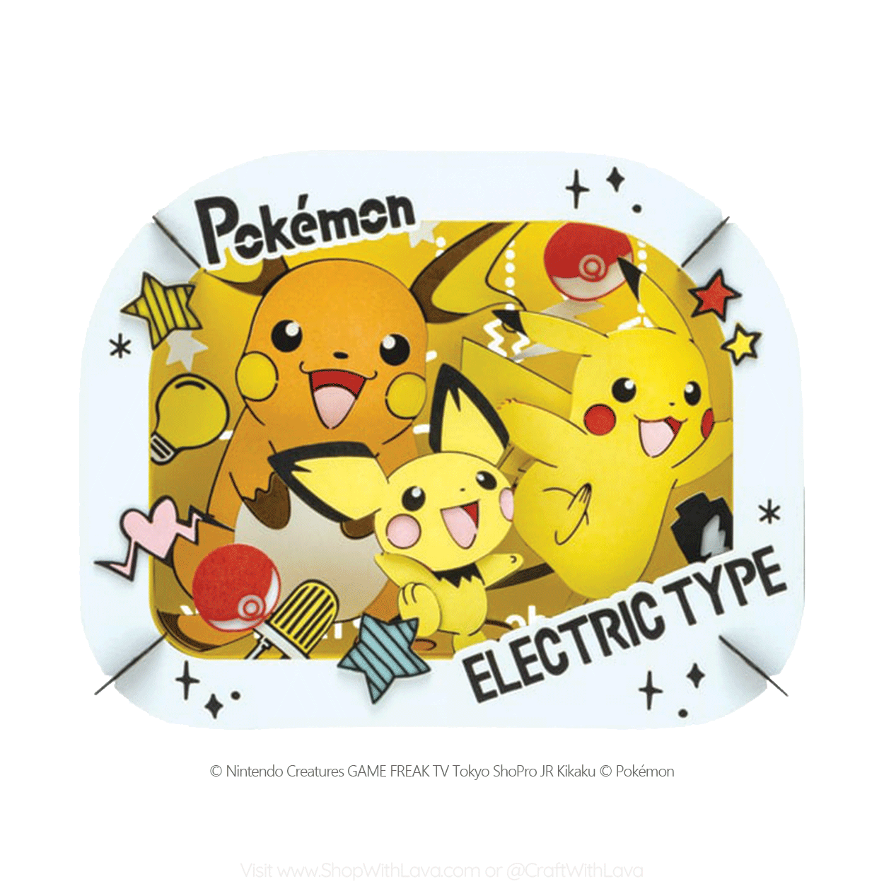A Pokémon-themed Paper Craft japanese product with Pikachu, Pichu and Raichu, three iconic electric type pokemon with a white border, available to shop at Craft With Lava