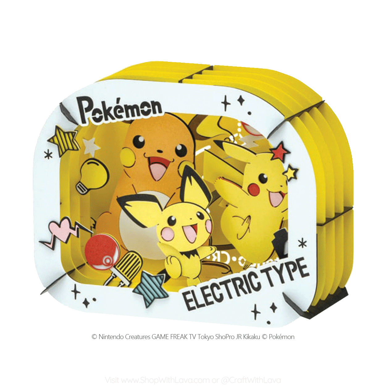 A Pokémon-themed Paper Craft japanese product with Pikachu, Pichu and Raichu, three iconic electric type pokemon with a white border, available to shop at Craft With Lava