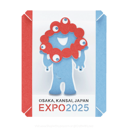 Small paper craft kit called paper theater with a cartoon character, an ambassador for Expo 2025. It has a red head, blue body. And Osaka, Kansai, Japan Expo 2025 text.