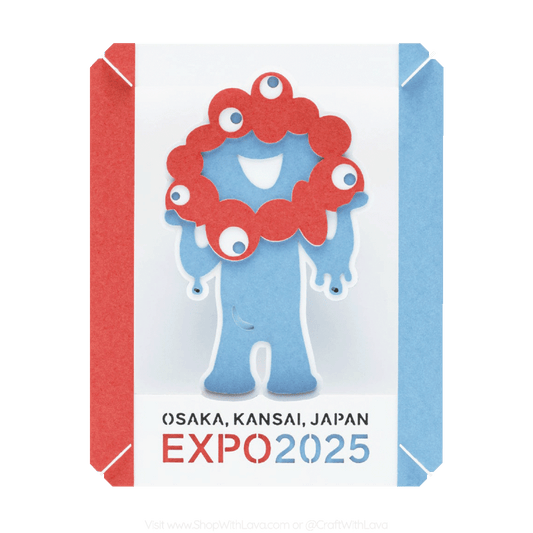 Small paper craft kit called paper theater with a cartoon character, an ambassador for Expo 2025. It has a red head, blue body. And Osaka, Kansai, Japan Expo 2025 text.