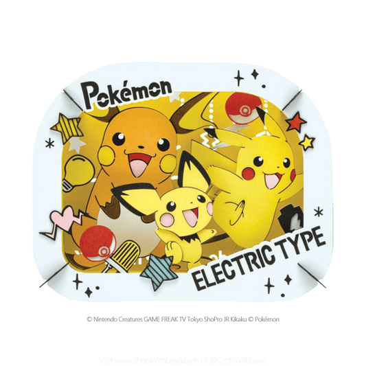 A Pokémon-themed Paper Craft japanese product with Pikachu, Pichu  and Raichu, three iconic electric type pokemon with a white border, available to shop at Craft With Lava